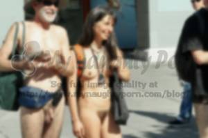 grandparent nudist galleries - Grandad with small hairy cock and grandma with tiny tits and big hairy  pussy walking nude on the public