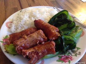 asian food xxx - Hmong Food -- Hmong sausage, stir-fried Hmong Greens w/rice.