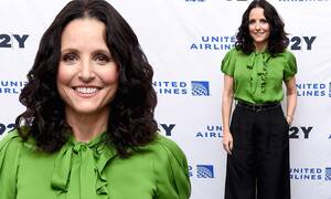 Julia Louis Dreyfus Pussy Porn - Julia Louis-Dreyfus is eye-catching in green blouse and black slacks as she  promotes movie Downhill | Daily Mail Online