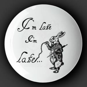 Alice In Wonderland Black And White Porn - Illustrated ceramic plate, Black and White Pen and Ink Alice in Wonderland  drawing - I'm Late.