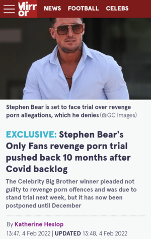 Care Bears Porn Captions - Stephen Bear's revenge porn trial pushed back 10 months after Covid backlog  : r/MtvChallenge