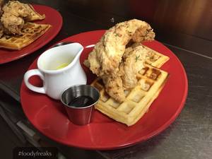 Dijon - Fresh waffles topped with crispy chicken breast with a Dijon side sauce.  You have not