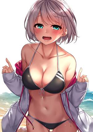 anime bikini cleavage - Hentai Booru - Image 1736: 1girl :d aqua_eyes bare_shoulders beach bikini  black_bikini blush breasts cleavage collarbone commentary_request  cowboy_shot drawstring front-tie_bikini front-tie_top halter_top halterneck  hands_up highres jacket ...