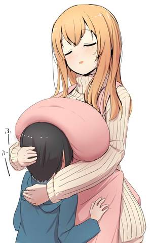 huge breast anime turtleneack - age difference apron breast smother breasts brown hair eyes closed huge  breasts jpeg artifacts light smile long hair namamo (kura) ribbed sweater  shiina aki ...