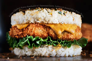 Chicken - Crispy Chicken Katsu Sandwich with Japanese Curry, Lettuce and Seared Rice  Patty Buns