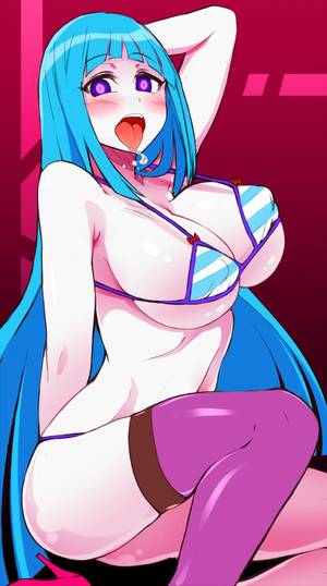 Anime Open Mouth Porn - bikini blue hair blush breasts drooling highres large breasts long hair  looking at viewer me! meme (me!) navel open mouth purple eyes roki  (hirokix) saliva ...