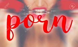 lips - Sexy woman with red lips bite handcuffs banner, word porn, bdsm Stock Photo  -