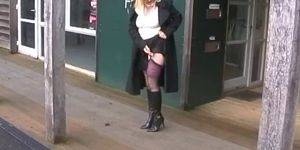 bbw sluts boots - BBW Slut Wife In Stockings And Leather Boots Flashing In Public