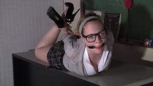 Nerd Girls Bondage Porn - BoundHub - Nerd girl hogtied and ball gagged on the desk