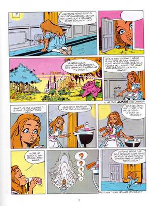 Alice French Comic - In the hall of doors: Alice drinks and shrinks. Note the turquise blue  carpet. This comic is from the Seventies, Baby!