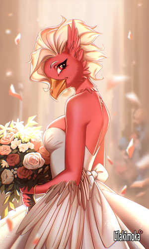 Flower Porn Anthro - 261020 - safe, artist:lilakimoka, oc, oc only, bird, anthro, 2023, beak,  breasts, clothes, commission, digital art, dress, ears, eyelashes, female,  flower, fur, hair, looking at you, looking back, looking back at you,