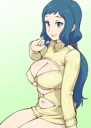 huge breast anime turtleneack - blue eyes blue hair breasts gundam gundam build fighters iori rinko large  breasts lips long hair matching hair/eyes mature meme attire milf navel  navel ...