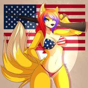 Furry America Porn - 64602 - suggestive, artist:aimi, oc, oc only, oc:grace kaiser, canine, fox,  mammal, anthro, american flag, american flag apparel, american flag bikini,  assault rifle, belly button, big breasts, bikini, black nose, breasts,  clothes,