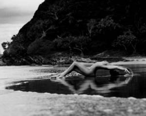 black and white pictures of people on the beach nude - Waters Edge, Print Of A Nude Lady On The Beach Near The Surf. Black