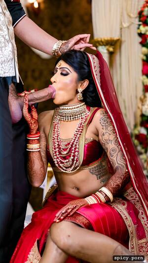 blowjob indian wedding - Image of the two standing beautiful indian bride in wedding hall takes a  huge black dick in the mouth and giving blowjob to the bride get covered by  cum all over his