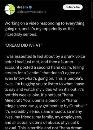 is this a dream or reality - Dream has tweeted out a statement before his video. : r/DreamWasTaken2