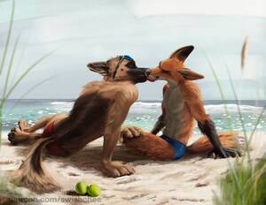 German Shepherd Anthro Porn - 80203 - safe, artist:swish, canine, dog, fox, german shepherd, mammal,  anthro, digitigrade anthro, 2021, anthro/anthro, balls are touching, beach,  black nose, brown body, brown fur, claws, digital art, digital painting,  duo, duo