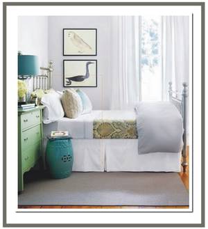 Light Green Crocodile Porn - Blue and green pops in an all-white room. Love the nickel-plated brass bed,  the bird art, the garden stool, the deep box-pleated dust ruffle.