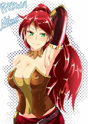 Big Anime Eyes Porn - armpits belt breasts character name cleavage collar gloves green eyes large  breasts long hair ponytail pyrrha nikos redhead rwby solo