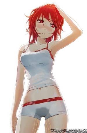 anime girl panty - â€œ armpits bare shoulders boyshorts breasts from below long hair looking  down midriff navel original panties red eyes red hair tank top yahako â€