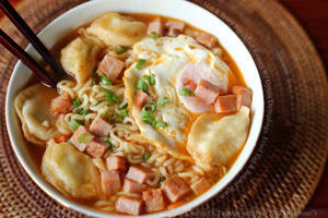 breakfast - Hot and Spicy Breakfast Ramen with Gyoza Dumplings, Fried Egg and Seared  Spam