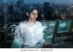 Futuristic Black 80s Porn - businesswoman looking at futuristic interface screen.