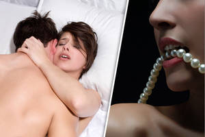 asian pearl necklace sex - Couple having sex and woman biting pearl necklace