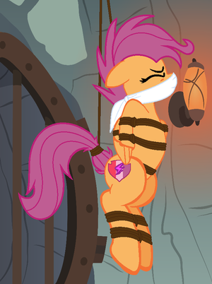 Mlp Scootaloo Solo - 1844182 - suggestive, artist:addmybasestofavs, artist:gray--day, artist:mlp-lolada,  artist:radiantrealm, derpibooru import, scootaloo, pegasus, pony, growing  up is hard to do, alternate hairstyle, arm behind back, base used, bondage,  cloth gag, dungeon