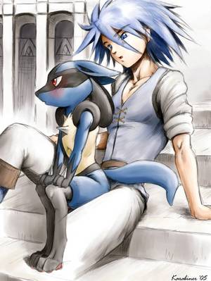 Lucario Human Porn - e621 anthro black_fur blue_eyes blue_fur blue_hair blush canine cute duo  fur hair hi_res human karabiner larger_male