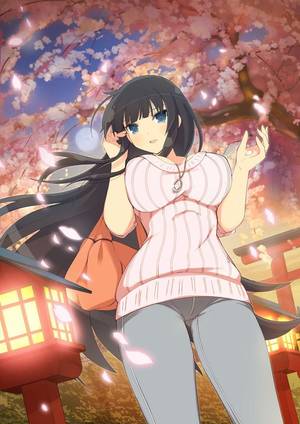 huge breast anime turtleneack - adjusting hair bag bangs black hair blue eyes blunt bangs breasts cherry  blossoms crotch from below handbag huge breasts ikaruga (senran kagura)  jewelry ...