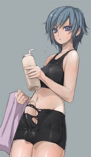 Anime Short Hair Porn - bike shorts blue eyes blue hair bottle breasts bulge copyright request  erection erection under clothes futanari matching hair/eyes open mouth  penis precum ...