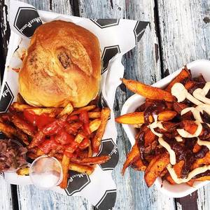 meat - MeatPorn: Pulled Pork Burger, fries and Sweet Potato fries