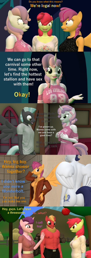 Bing.com Porn Scootaloo - 2164003 - questionable, artist:papadragon69, apple bloom, big macintosh,  scootaloo, soarin', sugar belle, sweetie belle, thunderlane, anthro, g4,  growing up is hard to do, 3d, against wall, applecest, arm behind head,  ass, bottomless,