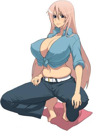 curvy anime hentai - barefoot blue_eyes breasts cleavage curvy hidarikiki hidarikiki_(pixiv)  huge_breasts jeans lips lipstick long_hair love_handles