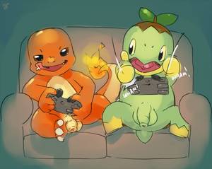 Charmander Porn - e621 argon_vile bald balls brown_eyes charmander controller cub duo feral  fire flaccid flaming_tail game_controller gaming humanoid_penis