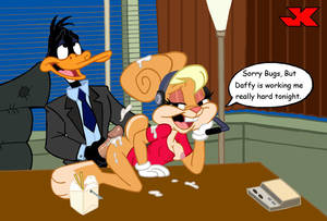 Looney Toon Lola Bunny - e621 anthro breasts clothing cum cum_on_back cumshot daffy_duck desk duo  ejaculation erection female from_behind_position hair humanoid_penis