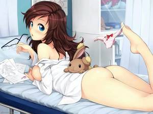 anime girl panty - ass atomix barefoot bed between_toes blue_eyes brown_hair buneary feet  glasses highres hospital_bed lying notes panties pokemon toes underwear  watermark