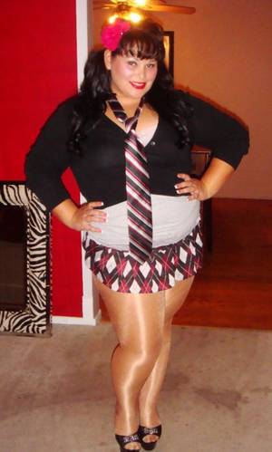 chubby loving pantyhose - Brunette BBW wearing Tan Opaque Shiny Pantyhose and Colored Miniskirt