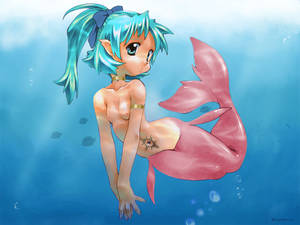 Flat Chested Anime Pussy - blue_eyes blue_hair breasts flat_chest mermaid nipples nude original  ponytail underwater water