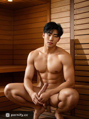huge penis korean - Korean Tall Handsome Cook with Big Penis and Amber Eyes Posing with a Smile  in the Sauna | Pornify â€“ Best AI Porn Generator