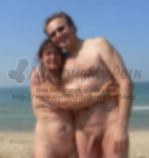 fat clit nude beach - Lovely older couple on the beach showing guy's big semi-hard cock and and  wife's saggy breasts and shaved cunt