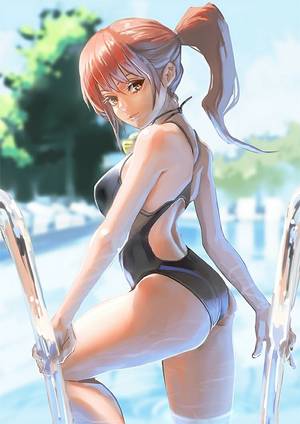 japanese hentai anime bikinis - original aro (charged time out) brown eyes brown hair competition swimsuit  face long hair looking at viewer looking back mizugi naughty face one-piece  ...