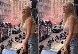 Eva Porn Star - Porn star Eva Elfie gives Barcelona stars an eyeful as she jumps up and  down braless from balcony during title parade | The US Sun