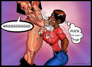 ebony cumshots art - Interracial cartoon. Ebony girl's mouth is full of massive cum load from  filthy white cock