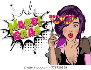 fat tuesday xxx - Pop art woman girl wow face kitsch fashion. Hold hand mask. Mardi Gras -