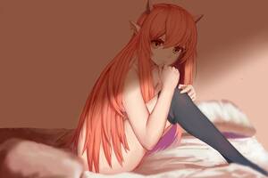 naked anime red head - long hair, redhead, orange eyes, elves, nude, anime, anime girls,  stockings, bed, horns | 4000x2666 Wallpaper - wallhaven.cc