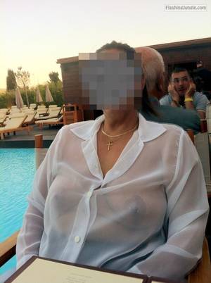 mature saggy tits in shirt - Mature tits big nipples under white see through shirt