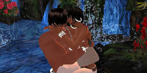 black porn sex games - 3D lovers kiss by a virtual waterfall.
