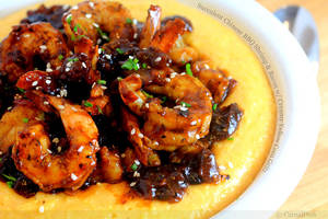 Chinese Porn Food - Succulent Chinese BBQ Shrimp and Bacon with Creamy Yellow Corn Grits