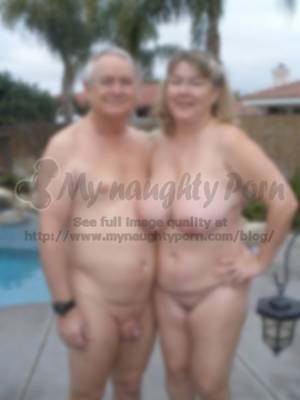 big nipples penis - Huge nipples on huge breasts of my wife and her fat shaved twat with my fat  shaved penis posing nude at our house garden